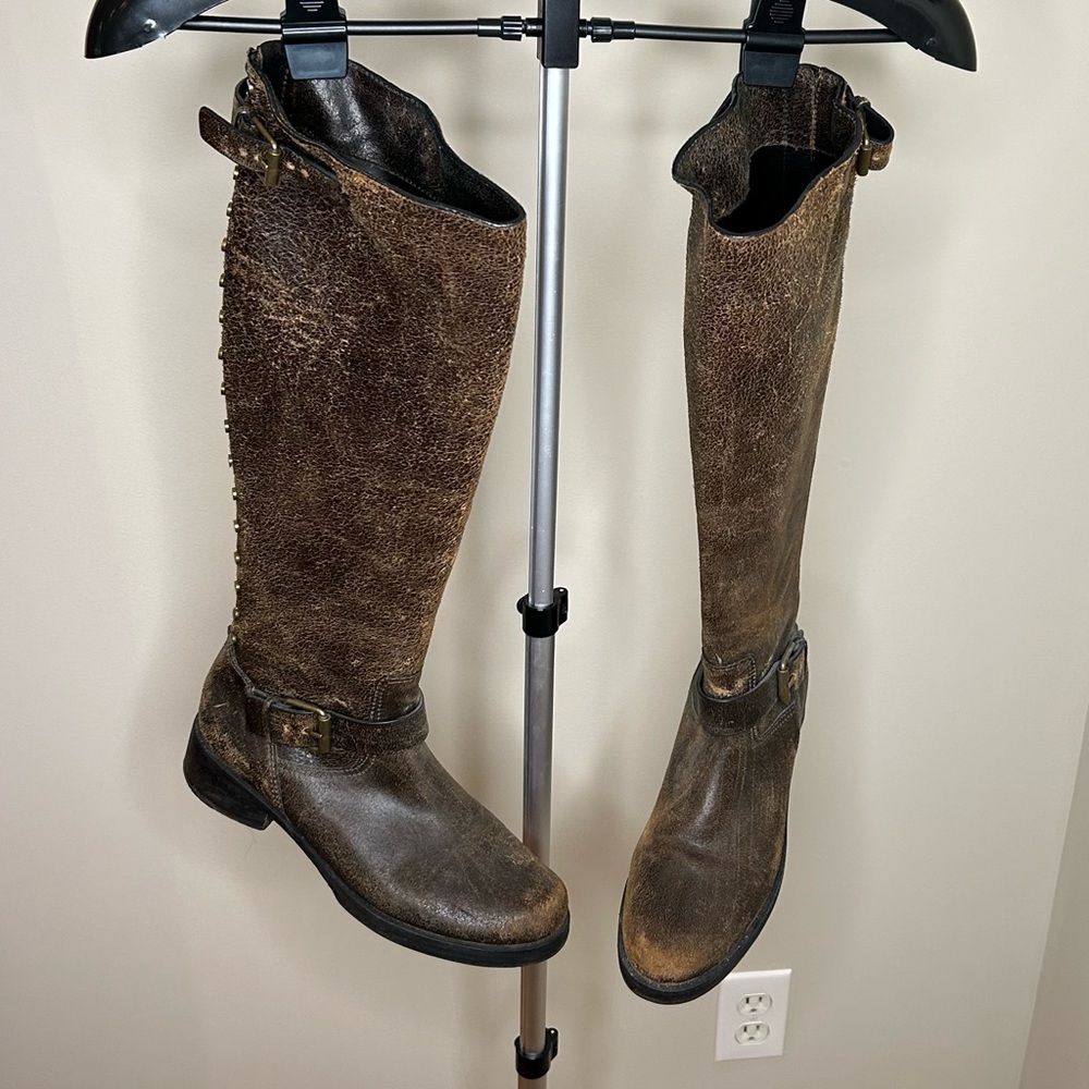 EUC Tory Burch brown distressed studded riding boots, women’s size 10